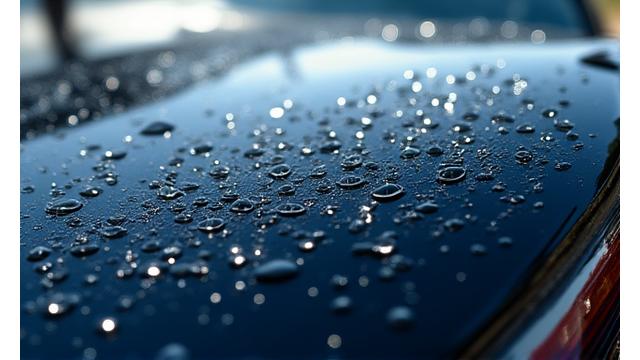 Kirkas vesi valuu auton maalipinnalla pesun jälkeen