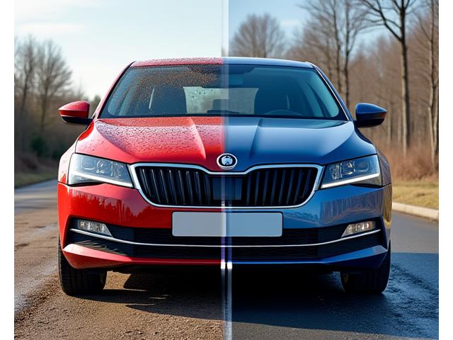 Ennen ja jälkeen kuva auton ulkopesusta: puuterinen, likainen auto vasemmalla; kiiltävä, heijastava auto oikealla