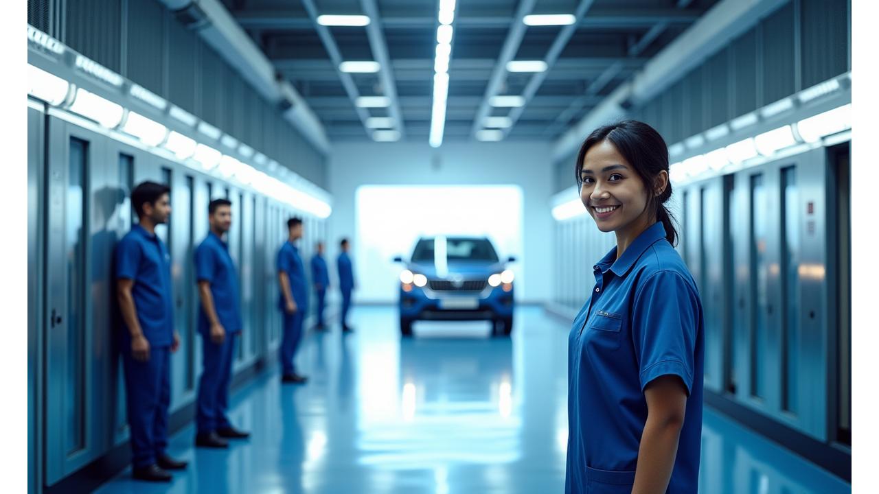 Silkkilanka Pesulan henkilökunta hymyilee modernin autopesuhallin edessä, kuvastaen yrityksen 15 vuoden historiaa ja kehitystä.