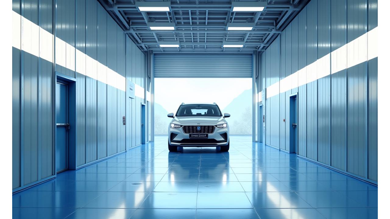 Moderni, valoisa autopesuhalli, jossa näkyy edistyksellisiä pesulaitteita ja tyhjiä pesupaikkoja, valmiina asiakkaita varten.