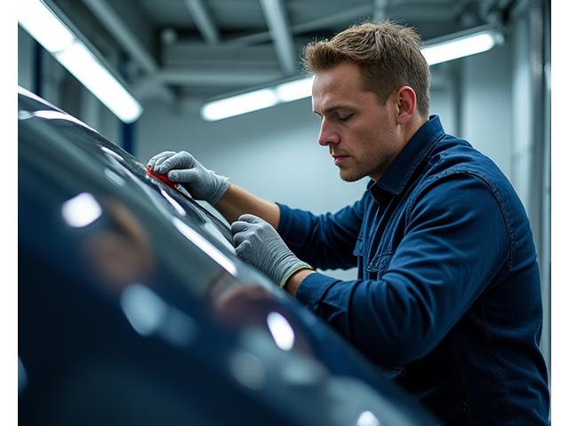 Pekka Korhonen, päällikkö detailing-spesialisti, tarkkailemassa auton pintaa kiiltävän auton vieressä, keskittyneenä ja ammattimaisena.
