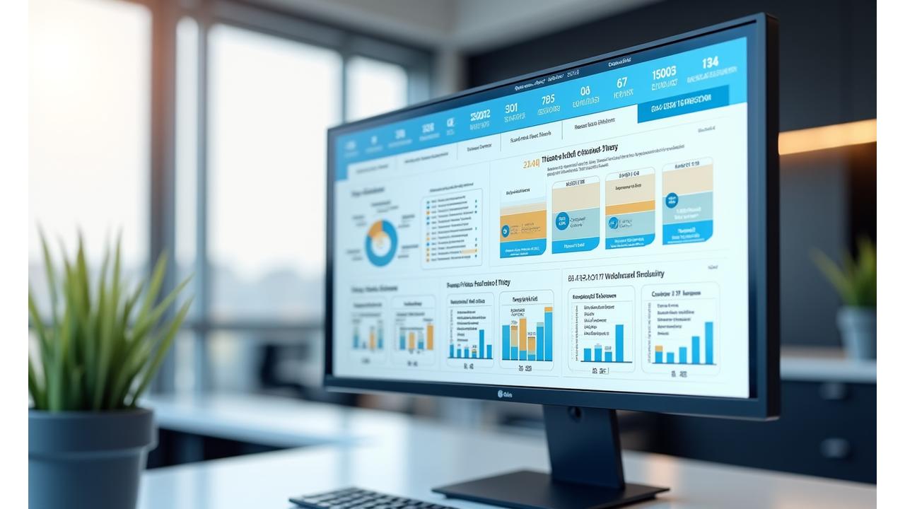 Yksityiskohtainen digitaalinen kojelauta, joka näyttää ajoneuvofleetin pesuaikataulun ja tilan yrityksen tietokoneen näytöllä.