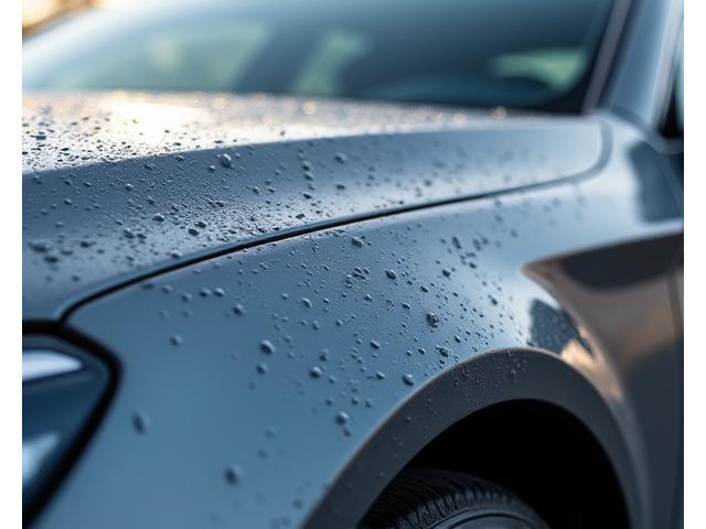 Sama harmaa sedan-auto kuin edellä, nyt kiiltävällä ja syvällä maalipinnalla vahauksen jälkeen, heijastaen valoa virheettömästi.