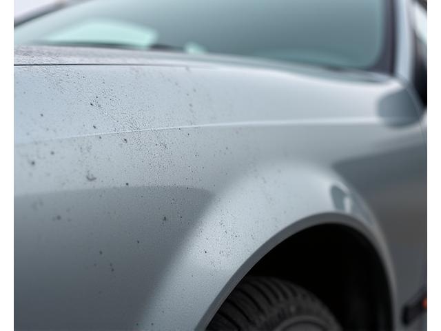 Harmaan sedan-auton haalistunut ja likainen maalipinta ennen vahakäsittelyä, mattapintainen ja eloton yleisilme.