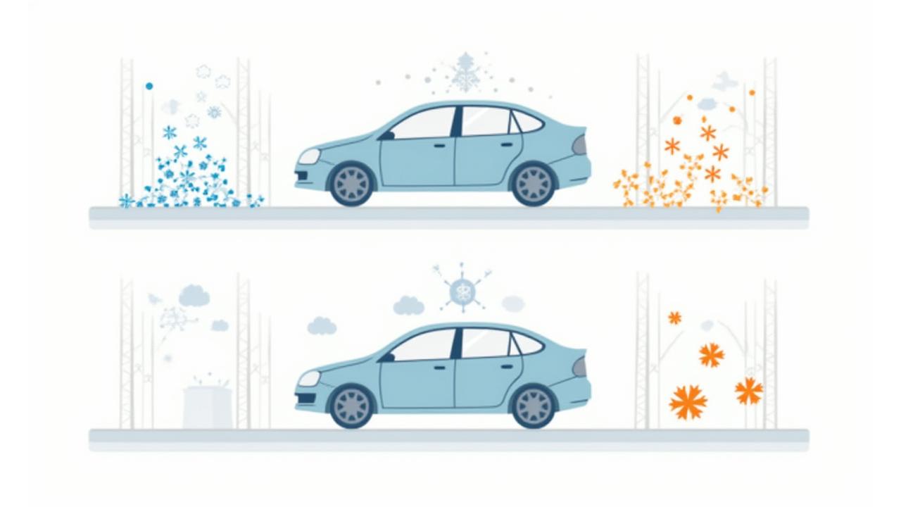 Infografiikka, joka visualisoi Suomen vuodenaikojen vaikutuksia auton maalipintaan: talvisuola, kesän UV-säteily ja syksyn kosteus, sekä miten ammattimainen suojaus torjuu näitä.