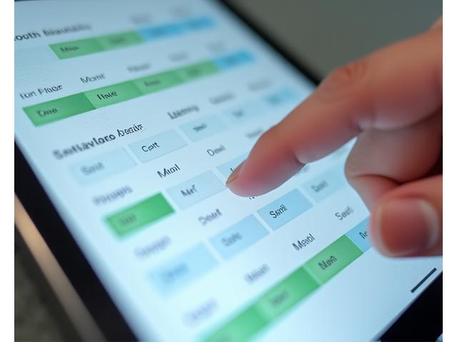 Lähikuva digitaalisesta varauskalenterista, jossa on vapaita aikoja ja korostettuja varauksia, kuvaa helppoa online-varausta.
